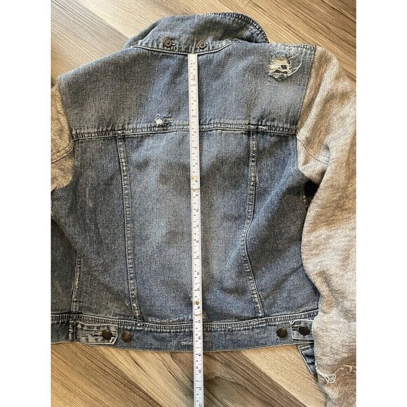 Free People Distressed Blue Denim Jacket Detachable Hood Sleeves Knit Grey Sz M - Picture 11 of 12
